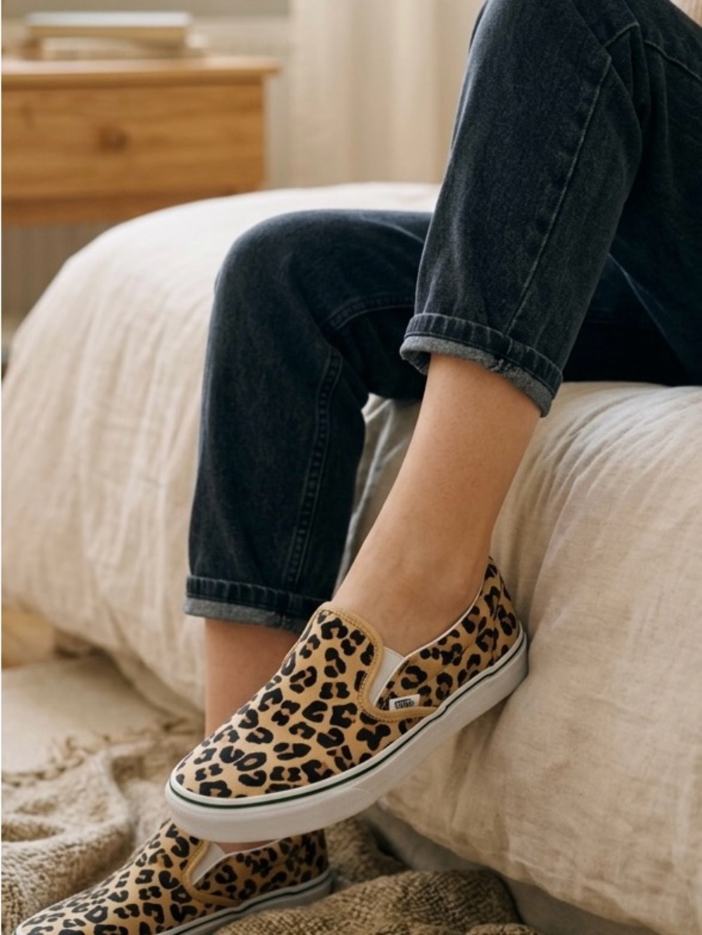 Vans Leopard-Print Slip-On Sneakers in Tan and Black